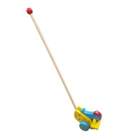 Drevená hračka - vtáčik na kolieskach s paličkou na tlačenie